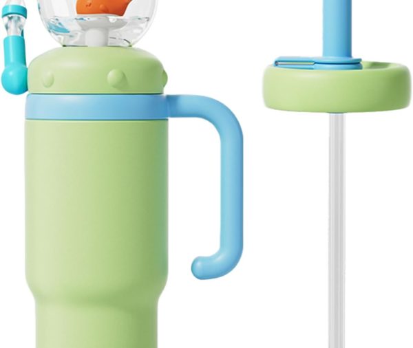 Drinking Cup with Whale Squirt, Stainless Steel Whale Fountain Tumbler, Whales Spray Straw Sippy Cups Water Bottle with Two Lids 24oz for Kids & Adults, Green