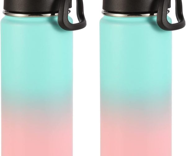 Insulated Water Bottles with Straw Bulk 2 Pack, 22 oz Stainless Steel Sport Bottle with Handle Lid,Metal Travel Water Cups with Wide Mouth,Reusable Water Flask for School(Green Pink,2 Set)