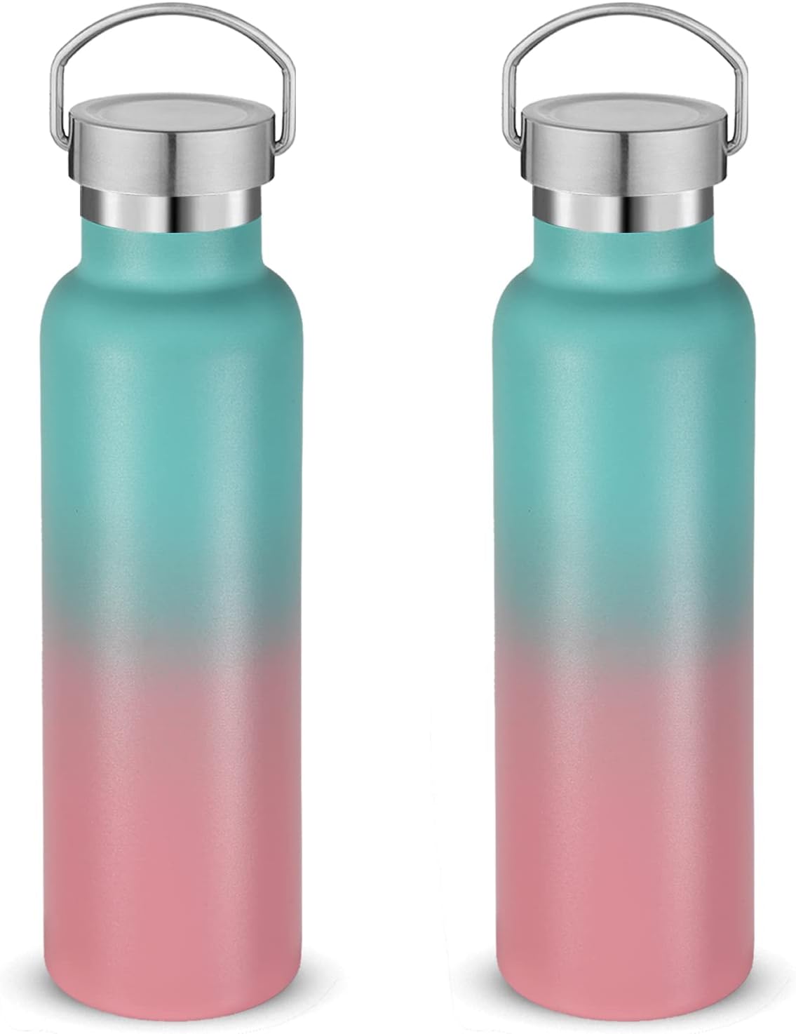 20 oz Insulated Water Bottles Bulk 2 Pack,Stainless Steel Double Wall Sport Bottle with Lid of Handle,Metal Reusable es Flask for School,Cyclists,Hikers,Gift (Green-Pink,Set of 2)