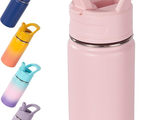12oz Kids Water Bottle for School, Toddler Bottles with Straws, Stainless Steel Vacuum Insulated Water Bottle for Boys&Girls, Leak-Proof, BPA-Free, Pink