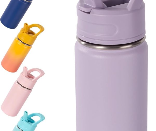 12oz Kids Water Bottle for School, Toddler Bottles with Straws, Stainless Steel Vacuum Insulated Water Bottle for Boys&Girls, Leak-Proof, BPA-Free, Purple