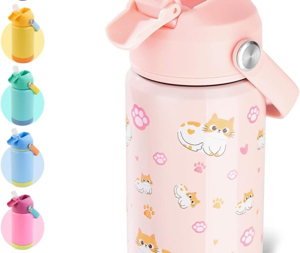 12oz Kids Water Bottle, Stainless Steel Insulated Water Bottle For Kids, Toddler Cup With Straws Leak-proof, Kids Water Bottles For School Boys Girls, BPA Free, Kitty