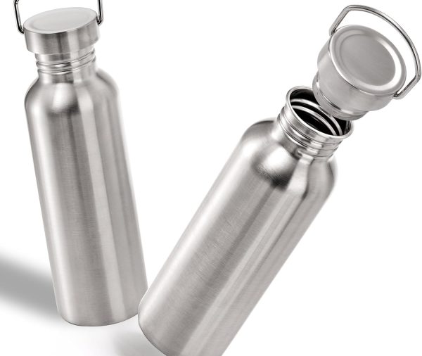 2 Pack Stainless Steel Sports Water Bottles, 26OZ Single Walled 18/8 Stainless Steel Water Bottle with Handle, Uninsulate Metal Water Bottle for Cyclists, Runners, Hikers, Beach Goers, Picnics
