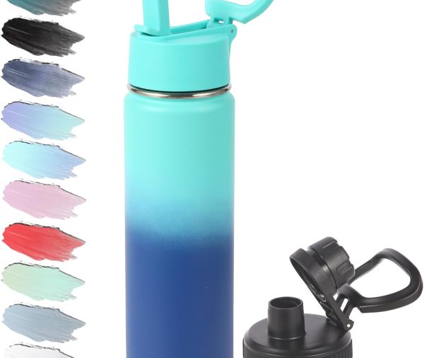 20oz Insulated Stainless Steel Water Bottle with Straw Lid,Kids Wide Mouth Double Wall Vacuum Cups with Handle,Reusable Outdoor Sports Metal Bottles,Travel Flask Keep Cold(Green Blue,1)