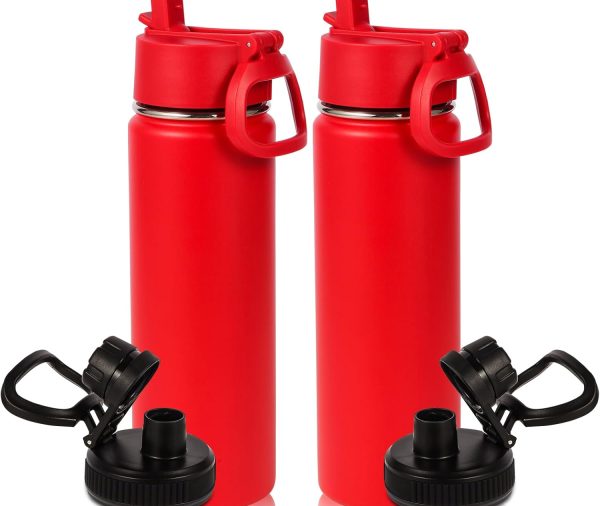 20oz Insulated Stainless Steel Water Bottle With Straw Lid Bulk 2 Pack,Kids Double Wall Vacuum Cups With Handle,Reusable Outdoor Sports Camping Metal Bottles,Travel Flask Keep Cold(Red,2)