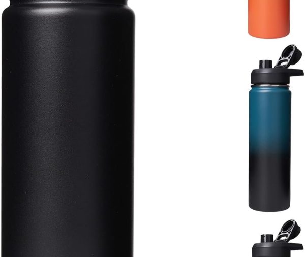24 oz Insulated Water Bottle with Handle, 304 Stainless Steel Water Bottles with Wide Mouth, Double Wall Vacuum Sports Water Bottle, BPA Free, Keep Cold and Hot, Black