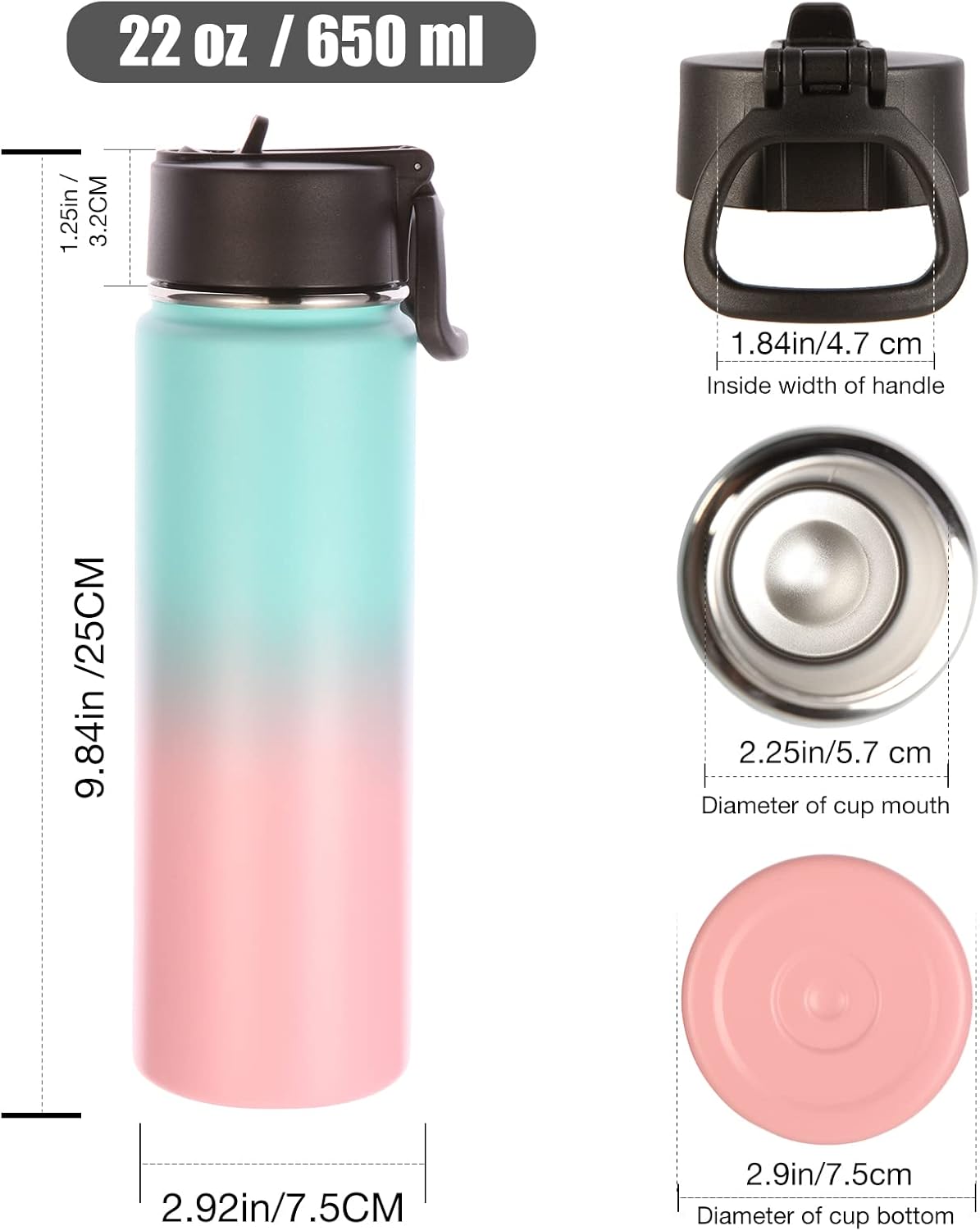 Insulated Water Bottles with Straw Bulk 2 Pack, 22 oz Stainless Steel Sport Bottle with Handle Lid,Metal Travel Water Cups with Wide Mouth,Reusable Water Flask for School(Green Pink,2 Set) - Image 2