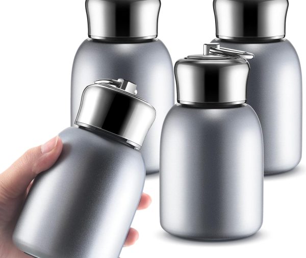 4 Pcs 10oz Mini Water Bottles Stainless Steel Slim Insulated  for Hot Cold Drink Thermal Small Vacuum Portable Water Bottle for Women Gifts Travel Camping Hiking (Silver)