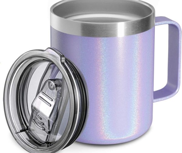 12oz Stainless Steel Insulated Coffee Mug with Handle, Double Wall Vacuum Travel Mug, Tumbler Cup with Sliding Lid, GLITTER LAVENDER