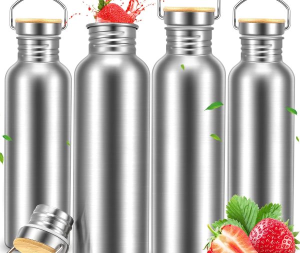 4 Pieces Camping Water Bottle Stainless Steel Large Metal Water Bottle with Handle and Bamboo Lid Leakproof Lightweight Single Wall Stainless Steel Sports Water Bottle (34 oz)
