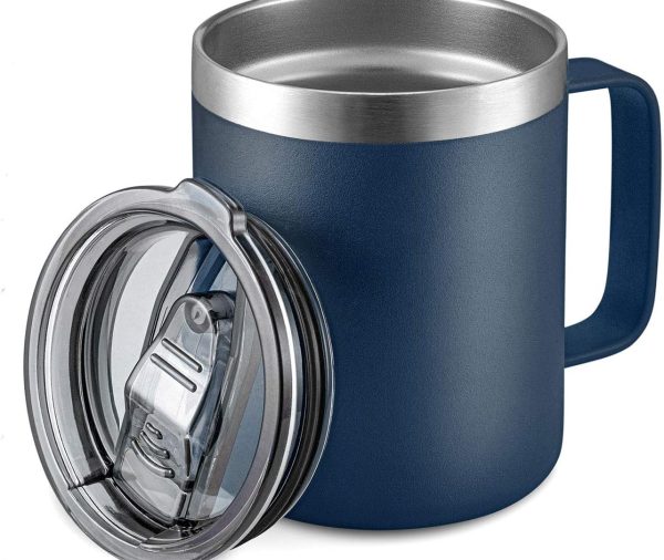12oz Stainless Steel Insulated Coffee Mug with Handle, Double Wall Vacuum Travel Mug, Tumbler Cup with Sliding Lid, Navy